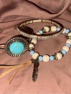 Shyanne Turquoise & Cream Boho Bracelet Stack with Feather Charm